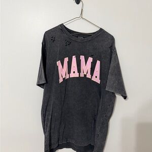 Distressed Black Tee with Pink 'MAMA' Graphic